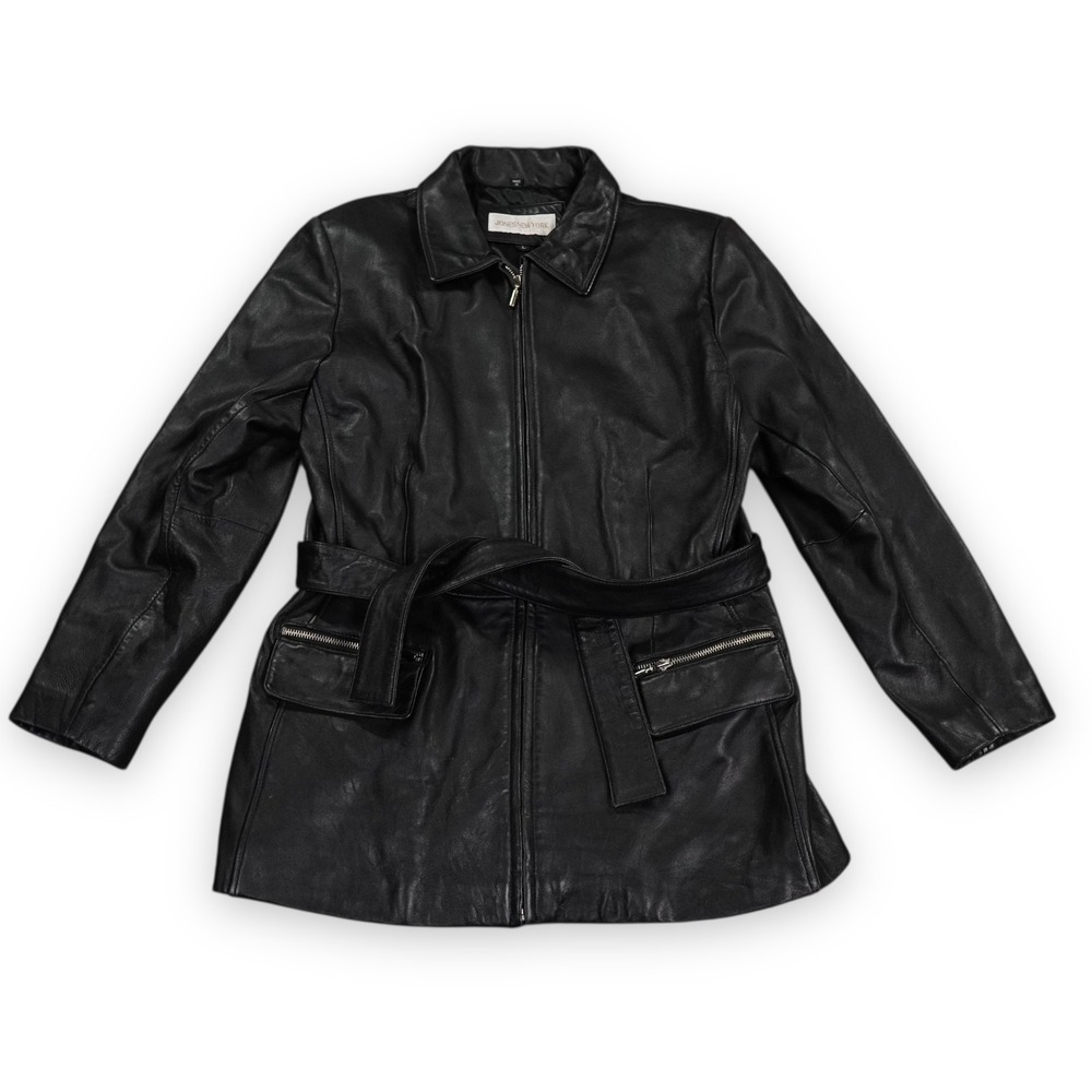 Jones New York Mens Large Black Leather Belted Jacket Zip Front Trench Moto